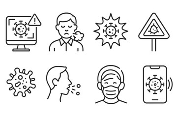 Pandemic, health safety line icon set. virus, mask, coughing symbols in outline style