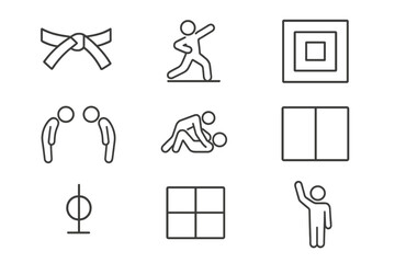 Martial arts linear icon set. karate, judo, taekwondo, meditation outlined collection