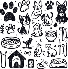 16 black and white line icons featuring pets and animals such as dog, cat, paw print, fish bowl, pet food bowl, bird, pet house, leash, and grooming tools. Use a playful hand-drawn style 3.eps