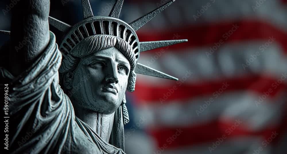 Poster close-up of the statue of liberty with an american flag in the background generative ai