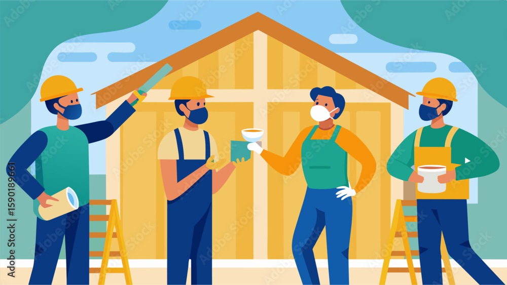 Poster a group of builders in masks and protective gear installing batt insulation in the walls of a new ho