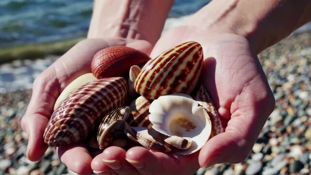Hands holding seashells by the seashore: capturing coastal beauty and nature's patterns