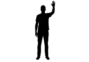 Waving Person Silhouette &ndash; Minimalist Black Vector of Human Figure with Raised Hand