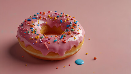 Pink Glazed Donut with Colorful Sprinkles on Pastel Background