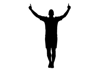 Celebratory Pose Silhouette – Minimalist Black Vector of Person Pointing Upward with Raised Arms