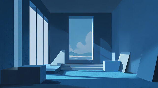 Displaying large hollow rectangular frame resting on blue floor in gallery, with prism and cube. hollow interior. Illustration