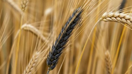 A closeup captures the contrast between a black wheat stalk and golden grains in a ripe field, showcasing the beauty of agricultural crops