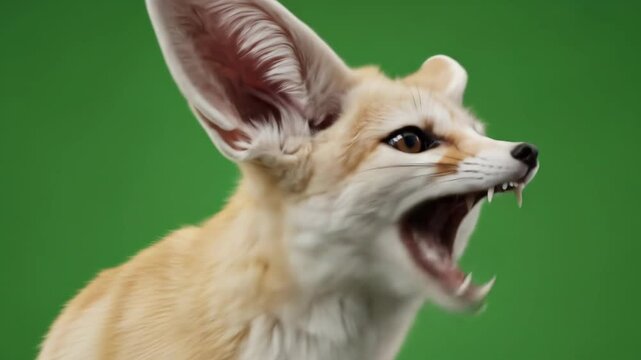 Close-up of Fennec Fox Snarling or Yawning on Green Screen