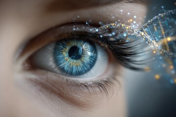 A close view of a human eye showcases vibrant blue and gold colors, enhanced with sparkling DNA strands. This captivating visual emphasizes the concept of biohacking and genetic exploration