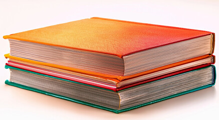 Stack of thick hardcover books with colorful gradient fabric covers and visible page textures, placed on a clean white background, representing education, knowledge, and academic study.