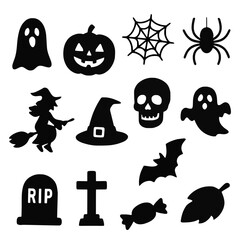 Silhouette Halloween Icon Set with Witch, Ghost, Pumpkin, Spider, and More,outline,line icons,vector,editable 