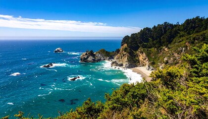 Coastal scenery with a sandy beach, rugged rocks, and lush vegetation