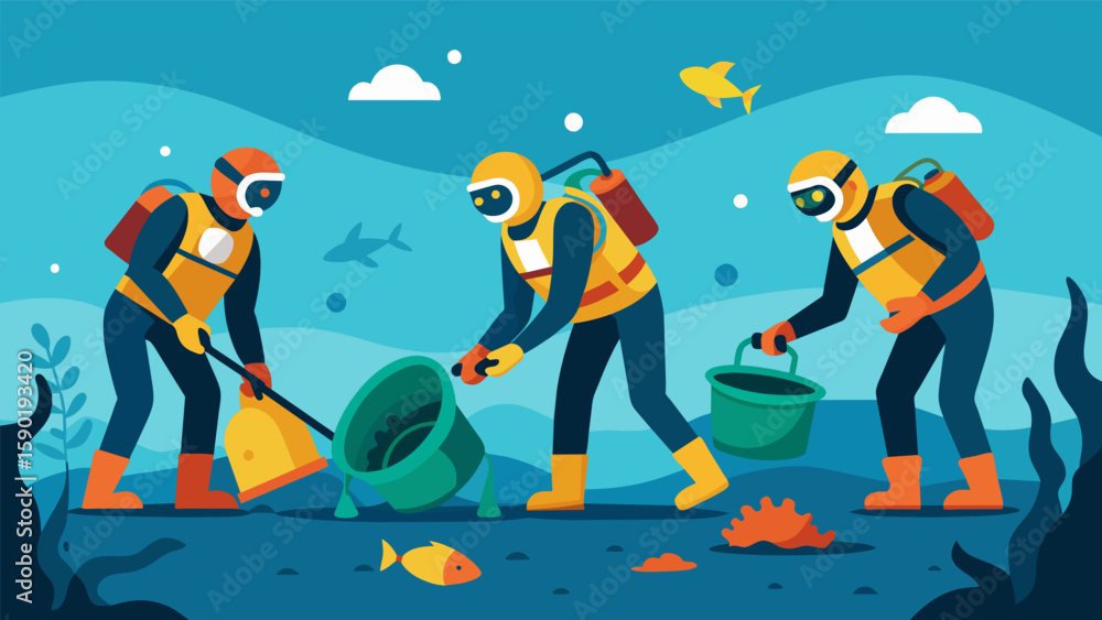 Poster a group of divers working together to remove debris and trash from the ocean floor clearing the way 