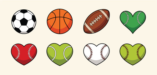 Fototapeta premium Collection of sports balls and heart shaped sports balls on a light background
