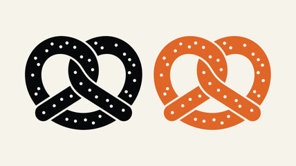 Two stylized pretzels one black and one orange with white dots on a cream background