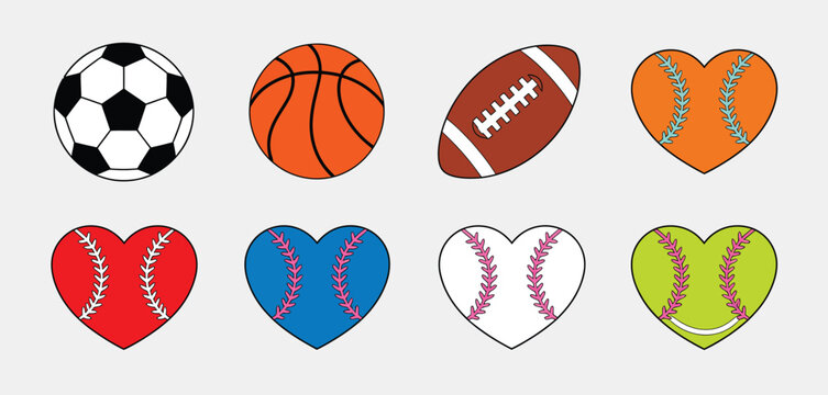 Collection of sports balls and heart shaped sports balls on a gray background