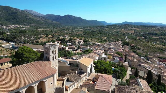 View of countryside and hilltop town of Selva, Mallorca, Balearic Islands, Spain, Mediterranean, Europe