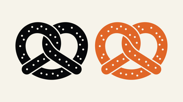Two stylized pretzels one black and one orange with white dots on a cream background