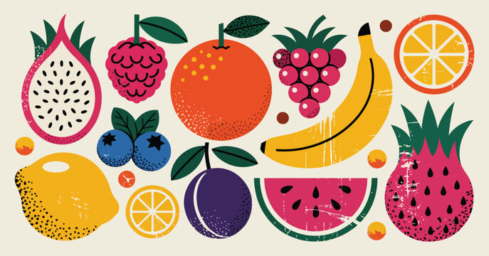 Vibrant abstract illustration of assorted colorful fruits arranged in a playful pattern