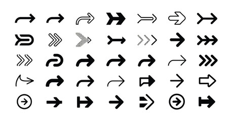 Collection of diverse black arrow icons and symbols on a white background