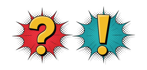 Obraz premium Comic book style question mark and exclamation point symbols with pop art burst background