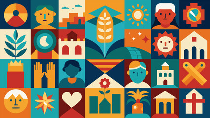 Naklejka premium A mosaic of handpainted tiles representing different cultural symbols and icons celebrating the diversity of the community.. Vector illustration