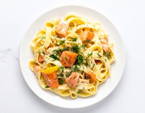 Tagliatelle al Salmone (Smoked Salmon Tagliatelle) Top view of a black ceramic plate