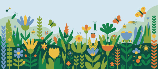 Obraz premium Whimsical garden scene with butterflies and insects in a flat design style