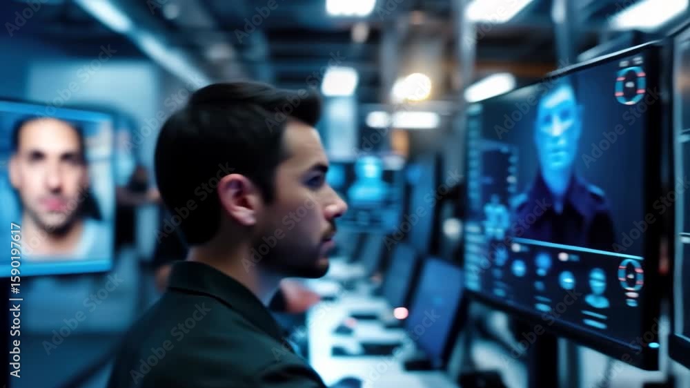Poster faces display on computer screens in surveillance room during facial recognition process, concept of