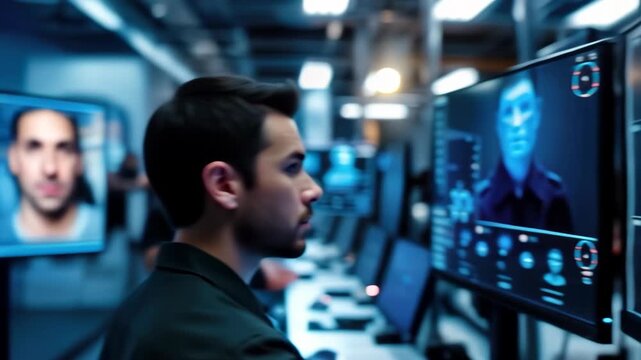 Faces display on computer screens in surveillance room during facial recognition process, concept of identification, monitoring, technology and security.