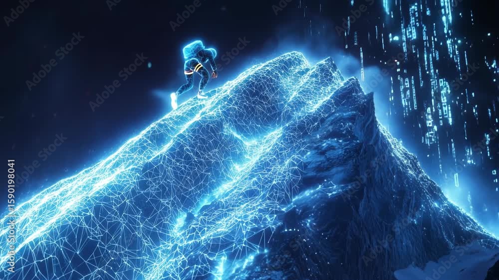 Poster man in futuristic suit climbing digital mountain with glowing lines and binary code, climber or hike