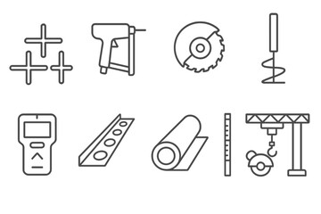 Obraz premium Construction tools outline icon set. hammer, saw, drill, measuring icons collection