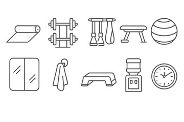 Gym and fitness outline icon set. exercise, equipment, health icons outline collection