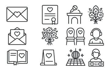 Wedding, love line icon set. romantic celebration, marriage symbols outline collection