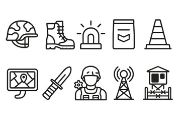 Fototapeta premium Military and defense linear icon set with helmets, boots, and radios