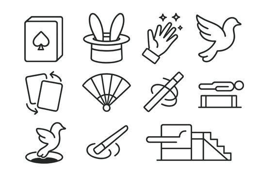 Magic and illusion line icon set. wizardry, tricks, cards, top hat line art collection