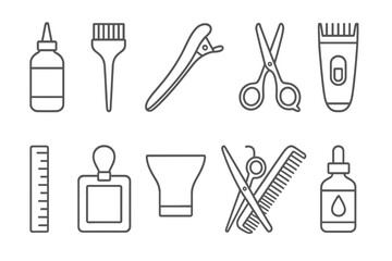 Hairdressing and barbering outline icon set. styling, salon tools collection