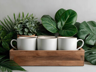 bouquet of green plants and branches with leaves in white mugs and glasses on white background isolated, for stylish kitchen interior design