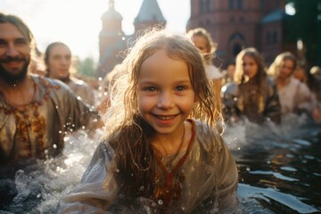 Obraz premium Participants engage in a joyful baptism ceremony in a historical setting, symbolizing the Christianization of Kievan Rus