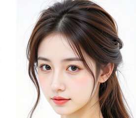 Fototapeta premium Close-up portrait of charming young woman with side-swept hairstyle and natural makeup, gazing softly into the camera against clean white background