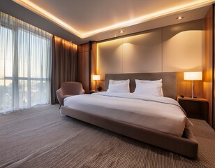 modern hotel room with neatly made bed and warm lighting