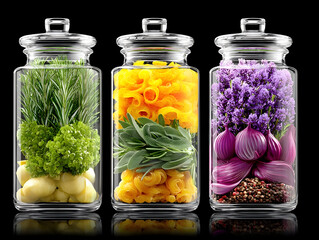 Glass transparent jars with medicinal useful herbs, seasonings and spices, jar with lids for stylish kitchen design, home cooking, salt, seasoning, aromatic herbs for baking