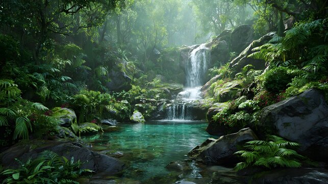 Lush green rainforest waterfall cascading down smooth stone into crystal clear pool below surrounded vibrant greenery fern background feature natural tropical setting misty air gentle sunlight - Powered by Adobe