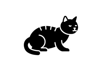 Obraz premium Sitting Cat Silhouette – Minimalist Black Vector of Feline with Curled Tail and Striped Back
