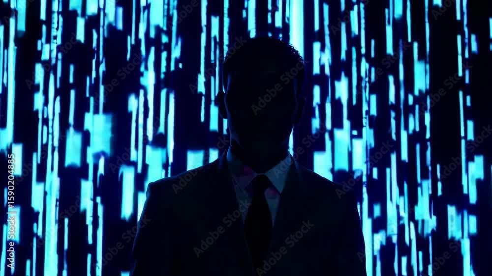Poster silhouetted figures amidst flowing digital data streams in motion