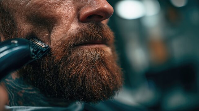 Man with brown beard receiving precise trim in a modern barbershop. Close view of a groomer tool shaping facial hair near tattooed skin, emphasizing a fresh, clean look.