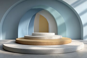 Fototapeta premium Minimal 3D Stage Mockup with Circular Steps in Soft Pastel Blue, White, and Tan Tones – Clean Product Display for Branding and Advertising