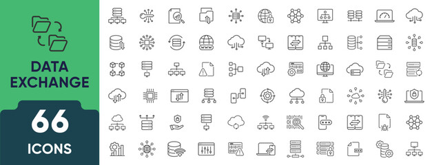 Data Exchange Line Icon Set. Set of 66 outline icons including file transfer, cloud sync, server, network traffic, upload, download, and sharing. Editable stroke. Linear vector illustration.