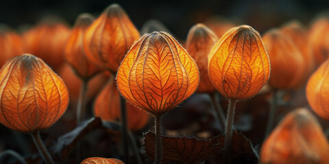 Vibrant orange lantern flowers with intricate leaf patterns illuminated by soft light, creating a warm and enchanting atmosphere in a natural setting