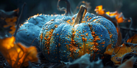 Close-up of a blue pumpkin adorned with droplets, surrounded by autumn leaves, capturing the essence of seasonal harvest and nature's beauty